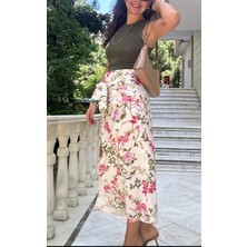 Lasorella Butik Keten Çiçek Desenli Yırtmaçlı Etek
