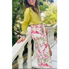 Lasorella Butik Keten Çiçek Desenli Yırtmaçlı Etek
