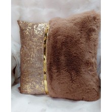 Baladi Home Yastık Kılıfı Peluş ve Kadife Kumaş Altın Deri Aksesuarlı Kadife Görünümlü Kare Kırlent Kılıfı