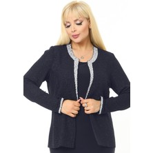 Ladies First Büyük Beden 3728  Abiye Ceket+Atlet İkili Takım Lacivert Gümüş Şık Stil