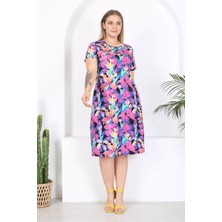 Mooi XXL Kadın Mor Floral Suluboya Desen Midi Elbise