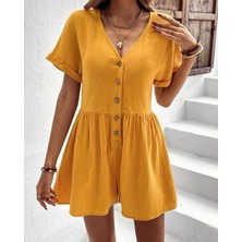 Renga Style Rengastyle Kadın Kısa Kol Düğmeli Ayrobin Kumaş Tulum (Renkli)