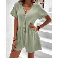 Renga Style Rengastyle Kadın Kısa Kol Düğmeli Ayrobin Kumaş Tulum (Renkli)