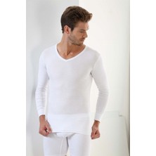 Marmara Qumasch 2'li Paket Erkek Badi Uzun Kollu T-Shirt V Yaka Basic %100 Pamuk Ribana Beyaz - 2xl