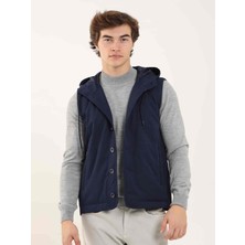 Dufy Lacivert Erkek Slim Fit Düz Casual Kapüşonlu Yelek Mont