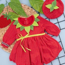 Diji Baby 6-9-12 Ay Çilek Bebekler Kostüm Penye Kumaş Şapka Bileklik Hediyeli Uzun Kollu Kız Bebek Elbisesi