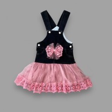 Diji Baby 2-3-4 Yaş Fiyonklu Düğme Detaylı Tül Etek Kot Kumaş Salopet Kız Çocuk Elbisesi