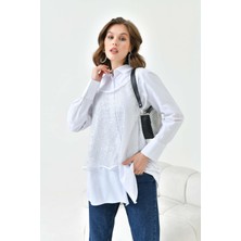 FTZ Women Kadın Fileli Koton Gömlek Takım  Ekru 30769