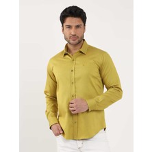 Dufy Koyu Sarı Erkek Slim Fit Düz Brent Yaka Uzun Kol Gömlek