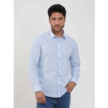 Dufy Mavi Erkek Slim Fit Kareli Brent Yaka Uzun Kol Gömlek