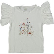 by BebekOdam Kız Çocuk Beyaz Pullu Çicek Nakışlı Kısa Kollu Tişört