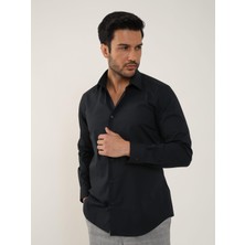 Dufy Siyah Erkek Slim Fit Düz Klasik Yaka Uzun Kol Gömlek