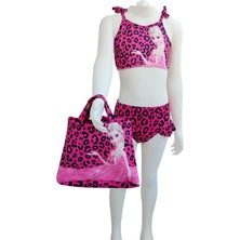 Urz Kids Pembe Kız Çocuk Leopar Desenli Plaj Çantalı Bikini Kız Çocuk Pembe Çantalı Bikini