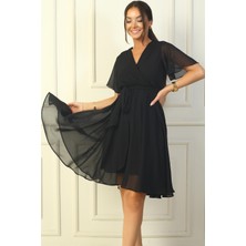 By Saygı Kruvaze Yaka Volan Kollu Astarlı Şifon Elbise