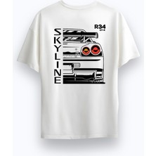 Alex Rosen Unisex Oversize Bisiklet Yaka Skyline R34 Baskılı Kısa Kollu Beyaz Tişört