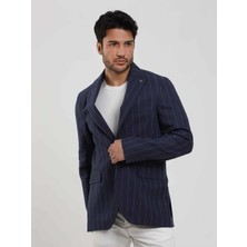 Dufy Lacivert Erkek Regular Fit Çizgili Sivri Yaka Keten Ceket