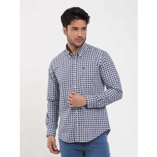 Dufy Lacivert Erkek Slim Fit Puantiyeli Brent Düğmeli Yaka Uzun Kol Gömlek