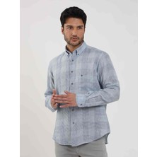 Dufy Mavi Erkek Regular Fit Kareli Düğmeli Yaka Uzun Kol Keten Gömlek