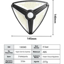 Gaman 138 Ledli Güneş Enerjili Solar Lamba Sensörlü 3 Modlu Solar Duvar Lambası