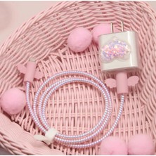 HappyCase Apple iPhone 20W Uyumlu Şarj Başlık Kablo Koruyucu ve Spiral Kablo Koruyucu 3 Lü Kalpli Akışkan Pembe Simli Set