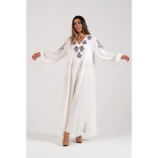 Keyifli Moda Siyah Beyaz V Yaka Kolları ve Yakası Fatima Eli Nakışlı Uzun Elbise