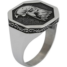 Anı Yüzük Gümüş Sekizgen Kartal Motif Erkek Yüzük Çizgisel Desenli Kasa