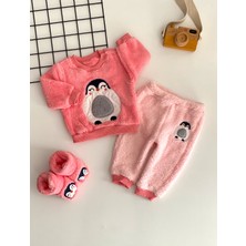 Derin Bebe Neşeli Bebekler Penguen Nakışlı Desen Panduflu Welsoft Kumaş Takım Pembe