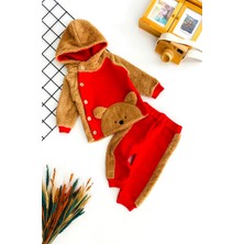 Derin Bebe Neşeli Bebekler Ayıcıklı Kapüşonlu Önden Düğmeli Welsoft  ve Üç Ip Polar Takım Kırmızı