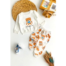 Derin Bebe Neşeli Bebekler Moshino Ayıcık Baskılı Penye Takım Beyaz