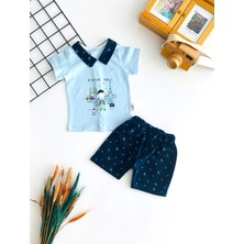 Derin Bebe Neşeli Bebekler Polo Yaka Baskılı Sırttan Çıtçıtlı Yazlık Takım Mavi