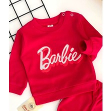 Derin Bebe Neşeli Bebekler Barbie Baskılı Desen Parlak Gri Çizgili Iki Iplik Penye Kumaş Takım Fuşya