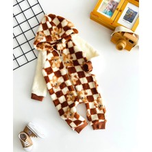 Derin Bebe Neşeli Bebekler Liverpool Ayıcık Desen Welsoft Kumaş Kapüşonlu Önden Fermuarlı Tulum Kahve