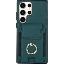 Seashell Digital Samsung Galaxy S23 Ultra Kılıf Deri+Tpu Kickstand Kartlık Telefon Kapağı-Yeşil (Yurt Dışından)