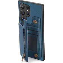 Seashell Digital Samsung Galaxy S24 Ultra Kılıf Kart Yuvası Deri + Tpu Fermuar Kickstand Retro Telefon Kapağı-Mavi (Yurt Dışından)