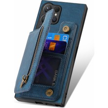 Seashell Digital Samsung Galaxy S24 Ultra Kılıf Kart Yuvası Deri + Tpu Fermuar Kickstand Retro Telefon Kapağı-Mavi (Yurt Dışından)