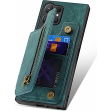 Seashell Digital Samsung Galaxy S24 Ultra Kılıf Kart Yuvası Deri+Tpu Fermuar Kickstand Retro Telefon Kapağı-Yeşil (Yurt Dışından)