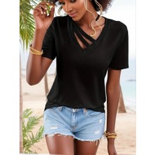 Stock Mount Kadın Kısa Kollu V Yaka Şerit Detay Viskon Bluz