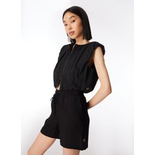 Jeep Crop Top Bisiklet Yaka Düz Örgü Desenli Siyah Kadın Gömlek C4SL-GML4003