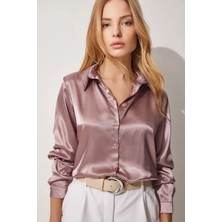 Hazelin Kadın Gül Kurusu Hafif Dökümlü Saten Yüzeyli Gömlek HZL22W-BD139641