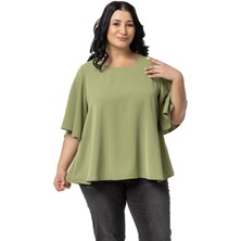 Disentis Modest Büyük Beden Geniş Kısa Kollu Fıstık Yeşili Bluz