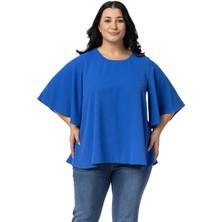 Disentis Modest Büyük Beden Geniş Kısa Kollu Saks Mavisi Bluz