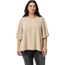 Disentis Modest Büyük Beden Geniş Kısa Kollu Bej Rengi Bluz