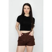 Select Moda Kadın Beli Lastikli Kargo Mini Şort