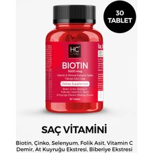 HC Care Saç Vitamini 30 Tablet - Biotin, Çinko, Selenyum, Folik Asit, Vitamin C, Demir, At Kuyruğu, Biberiye