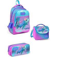 Coral High Açık Pembe Mavi Kaplumbağa Desenli 3’lü Okul Çanta Seti