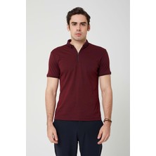 Coonless Triko Yaka Fermuarlı Polo Erkek Bordo Tshirt