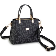 Nas Bag Kadın Çapraz ve El Çantası Midiboy Siyah Yazılı