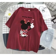 Amor Man Büyük Beden Özel Tasarım Üç Pembe Kalp Mickey Baskılı %100 Pamuk Kadın Battal T-Shırt