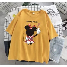 Amor Man Büyük Beden Özel Tasarım Üç Pembe Kalp Mickey Baskılı %100 Pamuk Battal Kadın T-Shırt