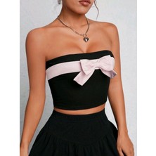 Pinkys Kalın Kurdeleli Siyah Straplez Lolita Crop Top